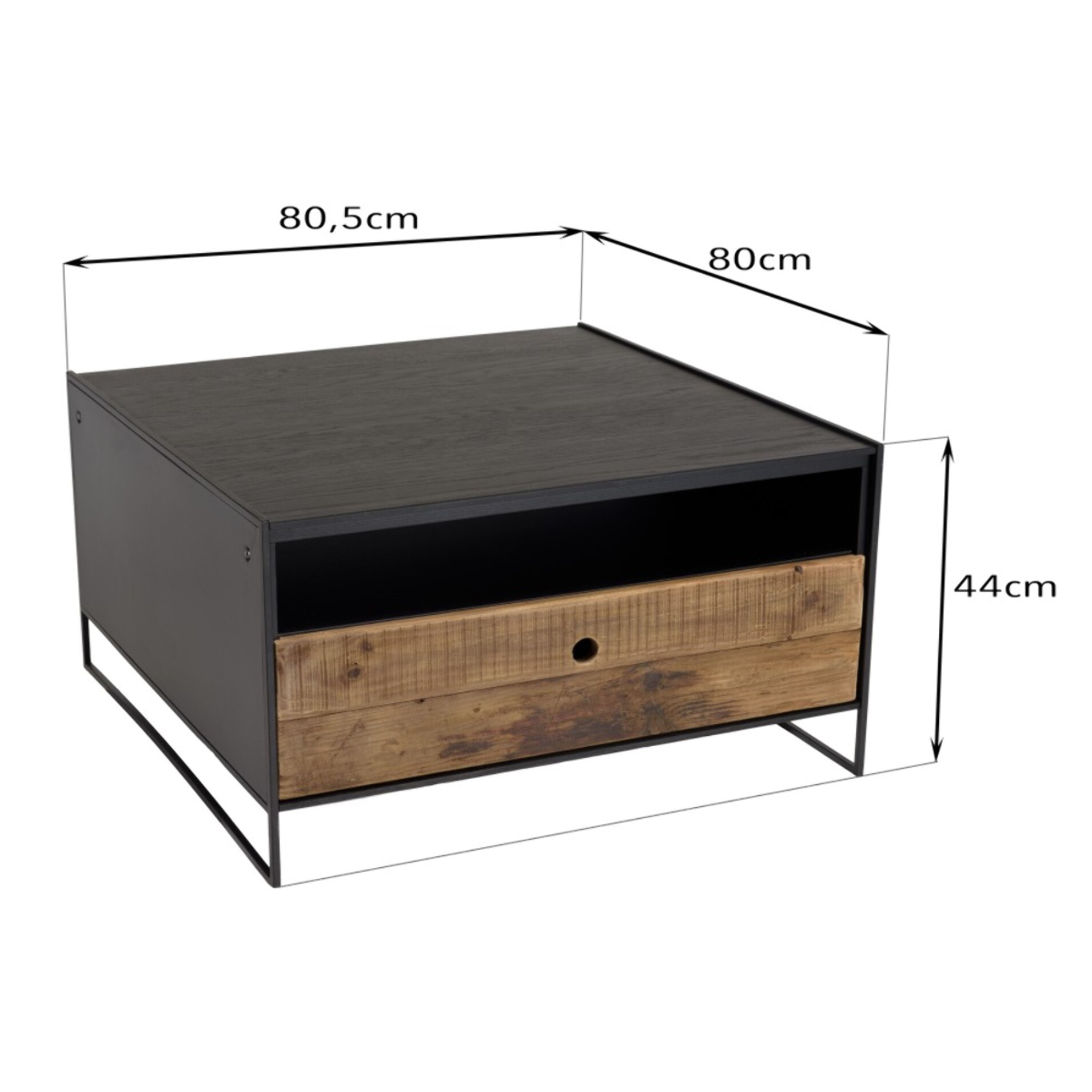 DANDY - Table basse noire 80x80cm 1 tiroir bois Pin recyclé et métal