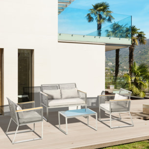 Conjunto de Muebles de Jardín de Ratán 4 Piezas Sofá Doble 2 Sillones Individuales y Mesa de Café de Vidrio con Cojines Desenfundables para Exterior Terraza Gris