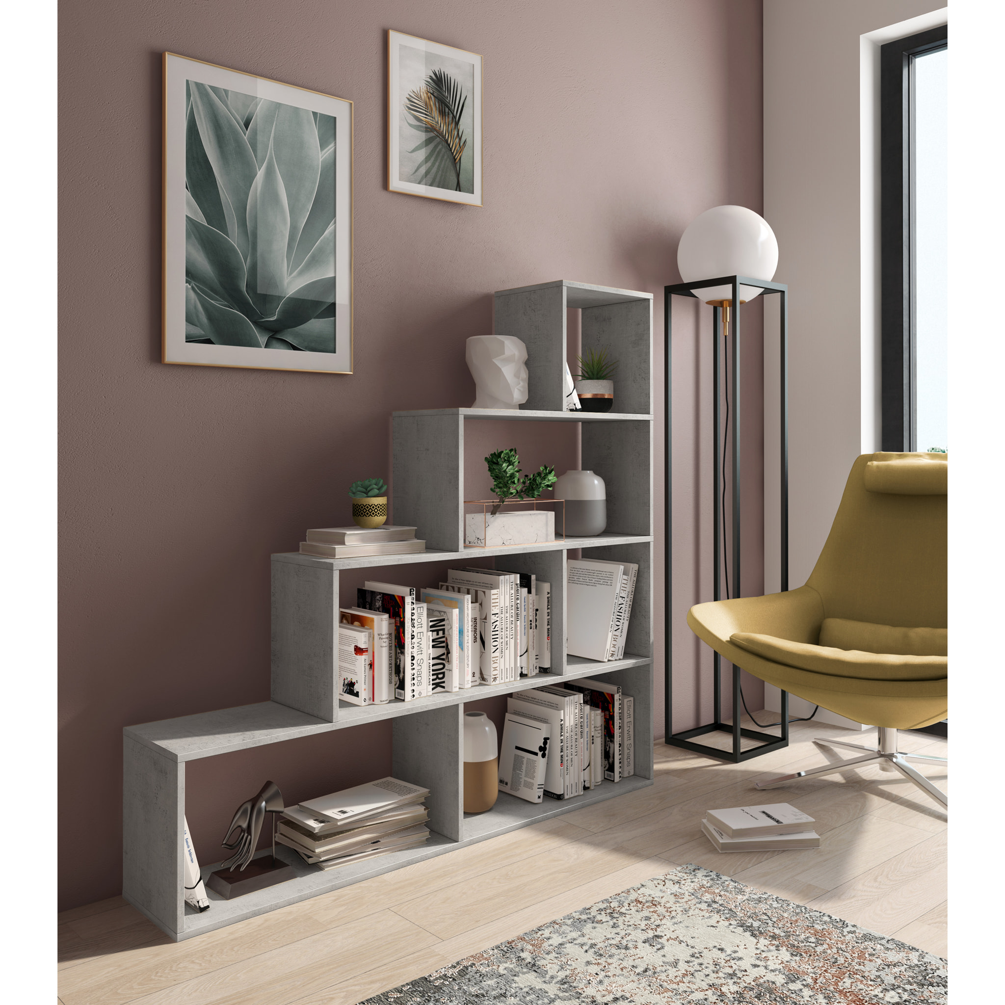 Libreria Design Zig Zag Scaffale Mensola Moderna 6 Vani A Giorni Ripiani Mobile Libri per Soggiorno Salotto Camera Studio 143x144.9x27.9 Cm Grigio