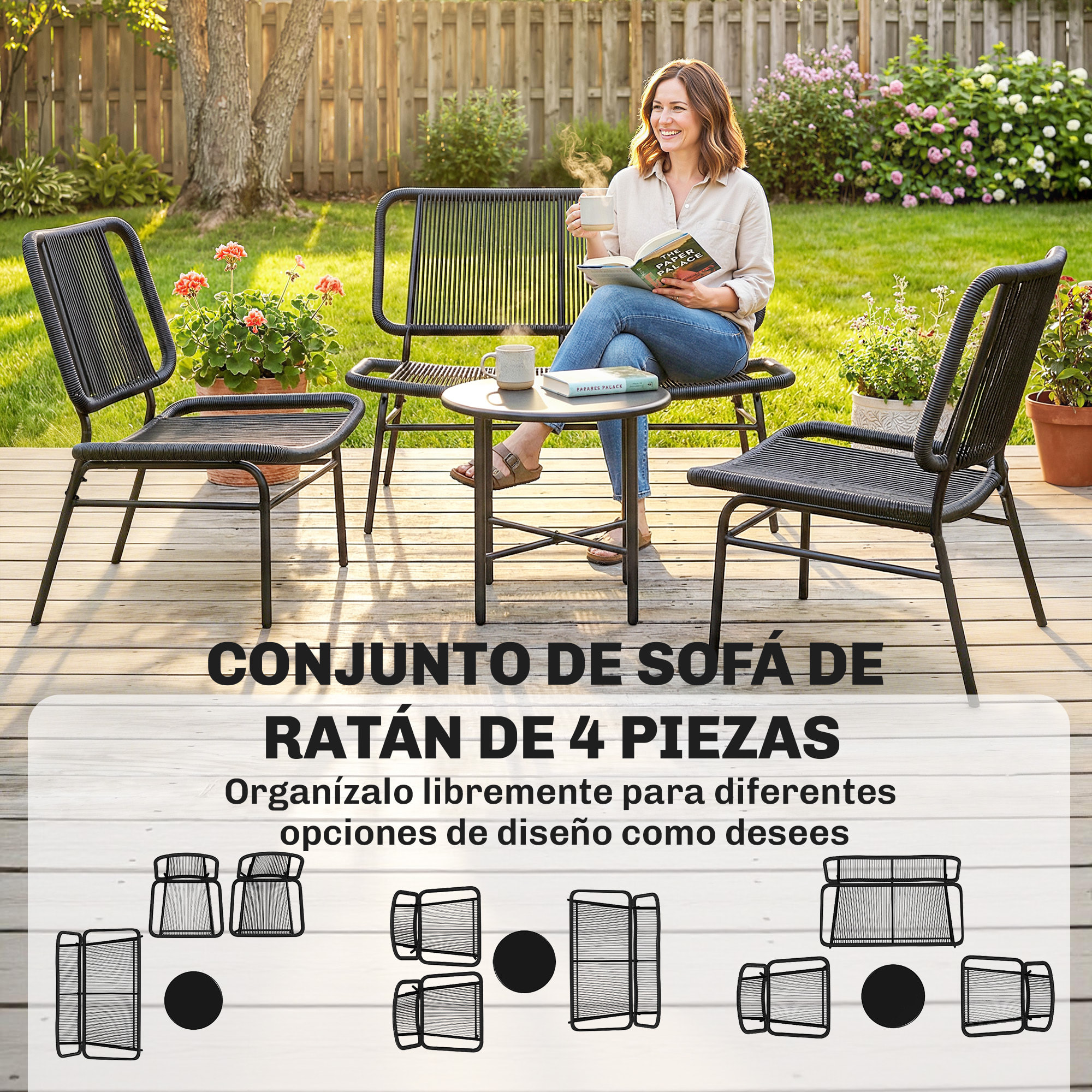 Conjunto de Jardín Exterior de Ratán, Conjunto Terraza Resistente a la Intemperie, Muebles Jardín Exterior 4 Piezas Incluye Sofá de 2 Plazas, 2 Sillas, Mesa de Centro con Tapa Metálica, Negro