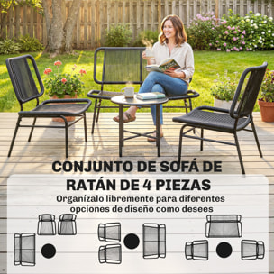 Conjunto de Jardín Exterior de Ratán, Conjunto Terraza Resistente a la Intemperie, Muebles Jardín Exterior 4 Piezas Incluye Sofá de 2 Plazas, 2 Sillas, Mesa de Centro con Tapa Metálica, Negro