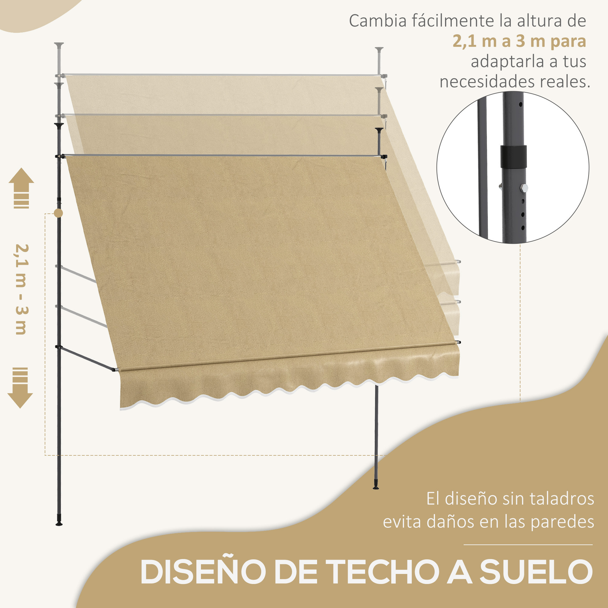 Toldo Manual Retráctil 3x1,2 m Toldo Exterior Terraza Enrollable Altura Ajustable con Manivela 210-300 cm Sin Taladro Protección UV30+ para Balcón Jardín Beige