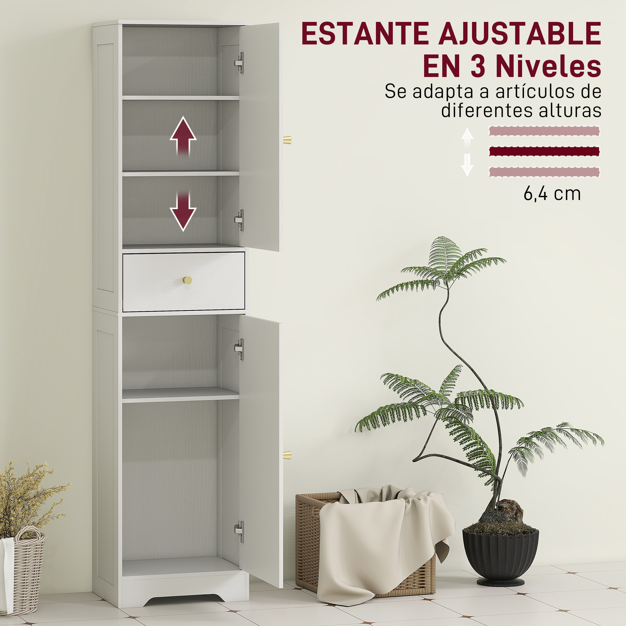 Armario Alto de Baño Estrecho con 2 Puertas Arqueadas Cajón y Estantes Ajustables Columna de Baño Estilo Moderno para Salón Aseo Cocina 40x29,5x170 cm Blanco Veteado