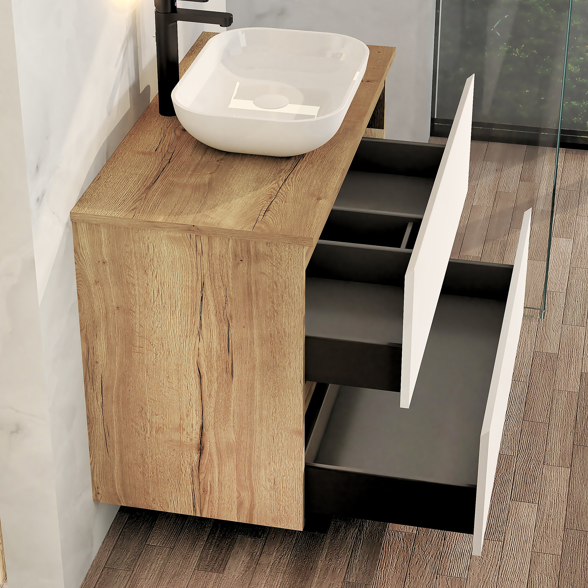 Ensemble de Salle de Bain Nia | Meuble Suspendu | 90 cm Blanc | Deux Tiroirs |Lavabo sur Plan | Miroir non inclus | Meuble Monté | Alday