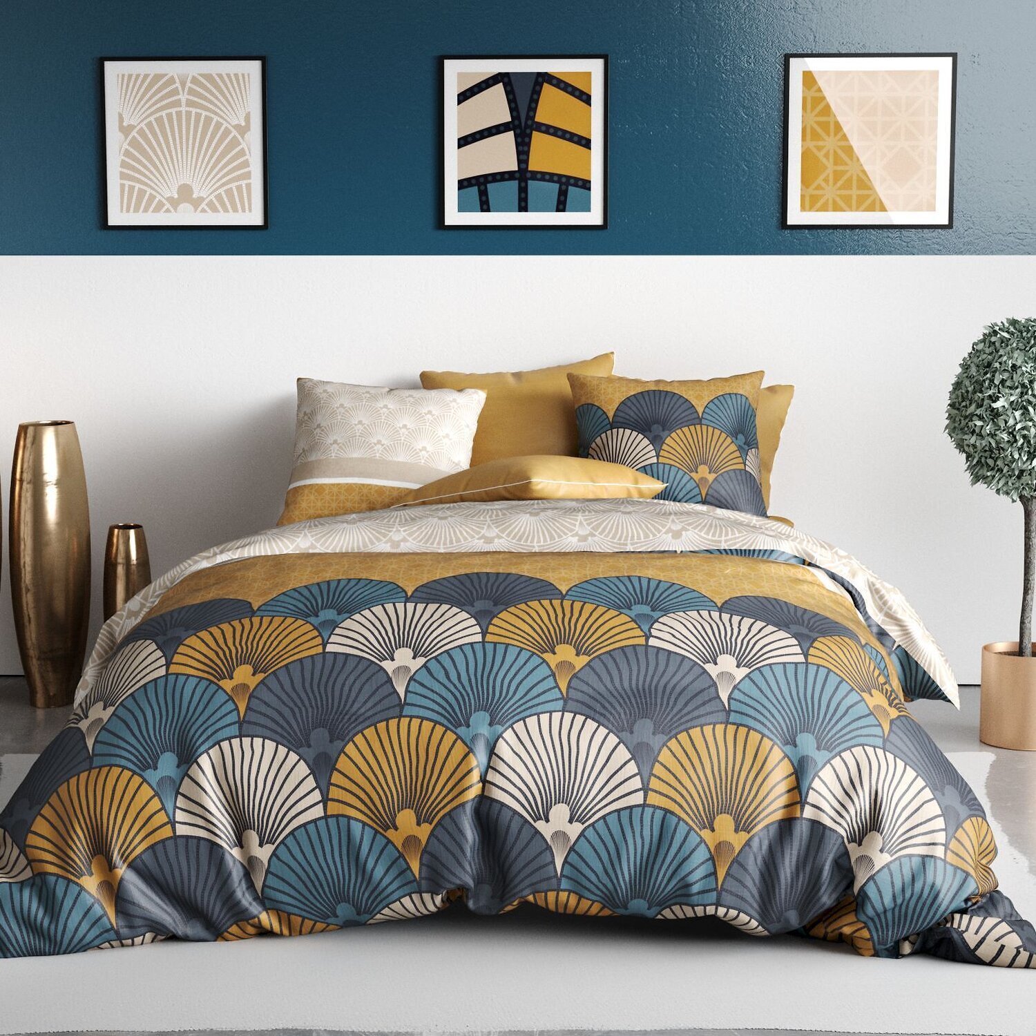 Parure housse de couette imprimé 100% coton - maka - jaune