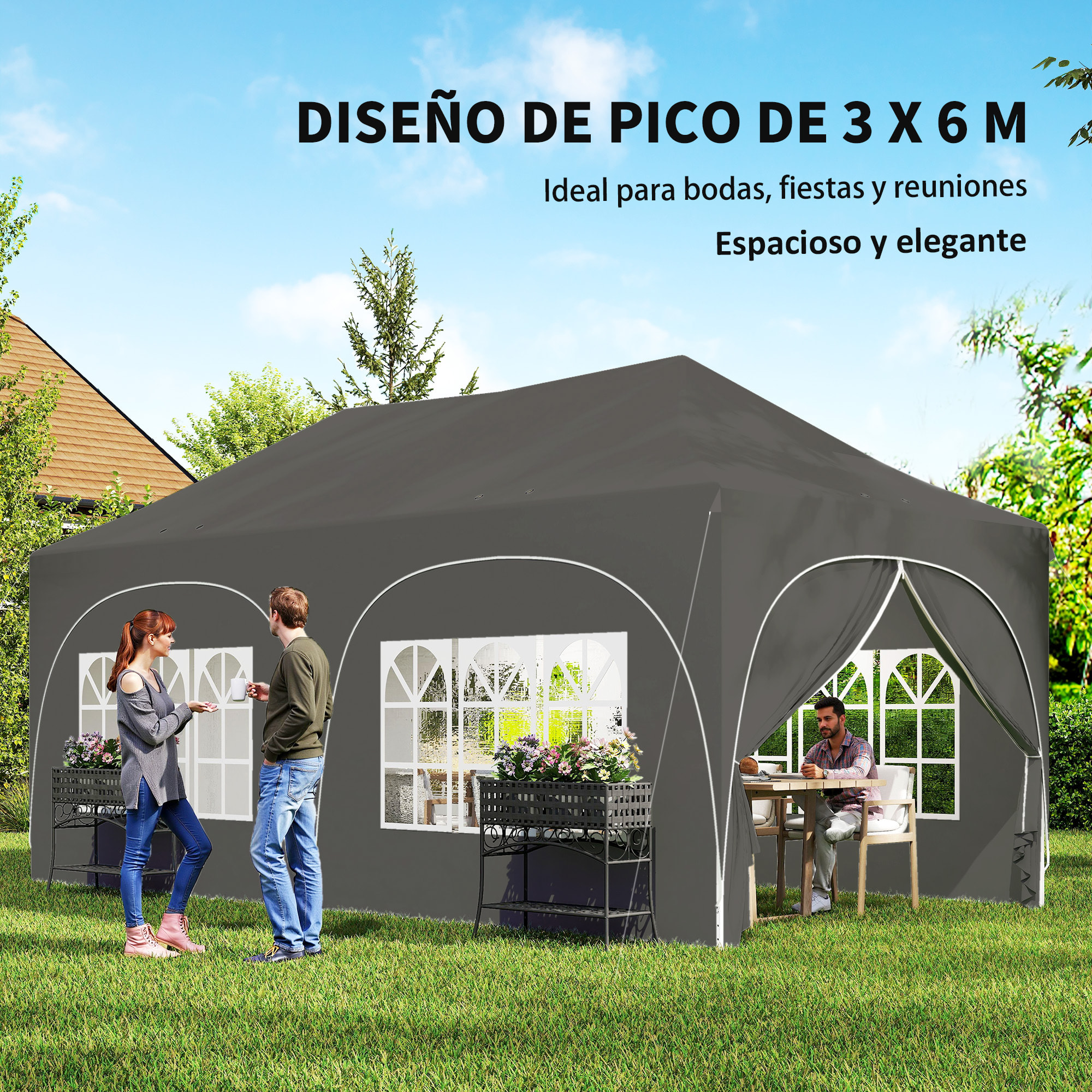 Carpa Plegable 6x3 m, Pop-up, con 6 Laterales Extraíbles, Cenador de Jardín con Altura Ajustable, Ventanas, Bolsa de Transporte, UPF30+, Gazebo para Camping, Fiestas, Exterior, Gris Oscuro