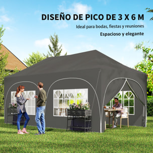 Carpa Plegable 6x3 m, Pop-up, con 6 Laterales Extraíbles, Cenador de Jardín con Altura Ajustable, Ventanas, Bolsa de Transporte, UPF30+, Gazebo para Camping, Fiestas, Exterior, Gris Oscuro
