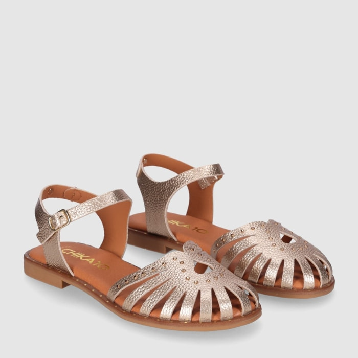 Sandalias de Piel - Oro - Tacón: Bajo