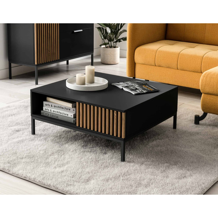 Savanna - table basse - effet bois et noir - 1 tiroir et 1 niche - 80 cm - Noir / Bois