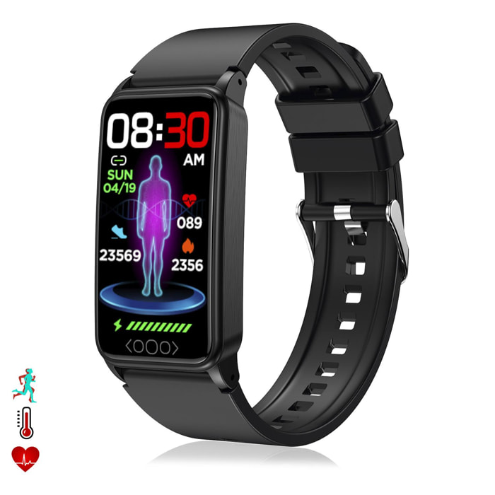 Bracciale intelligente TK71 Pro con temperatura corporea; monitoraggio del glucosio, dell'acido urico, dello stress, del battito cardiaco e della tensione.