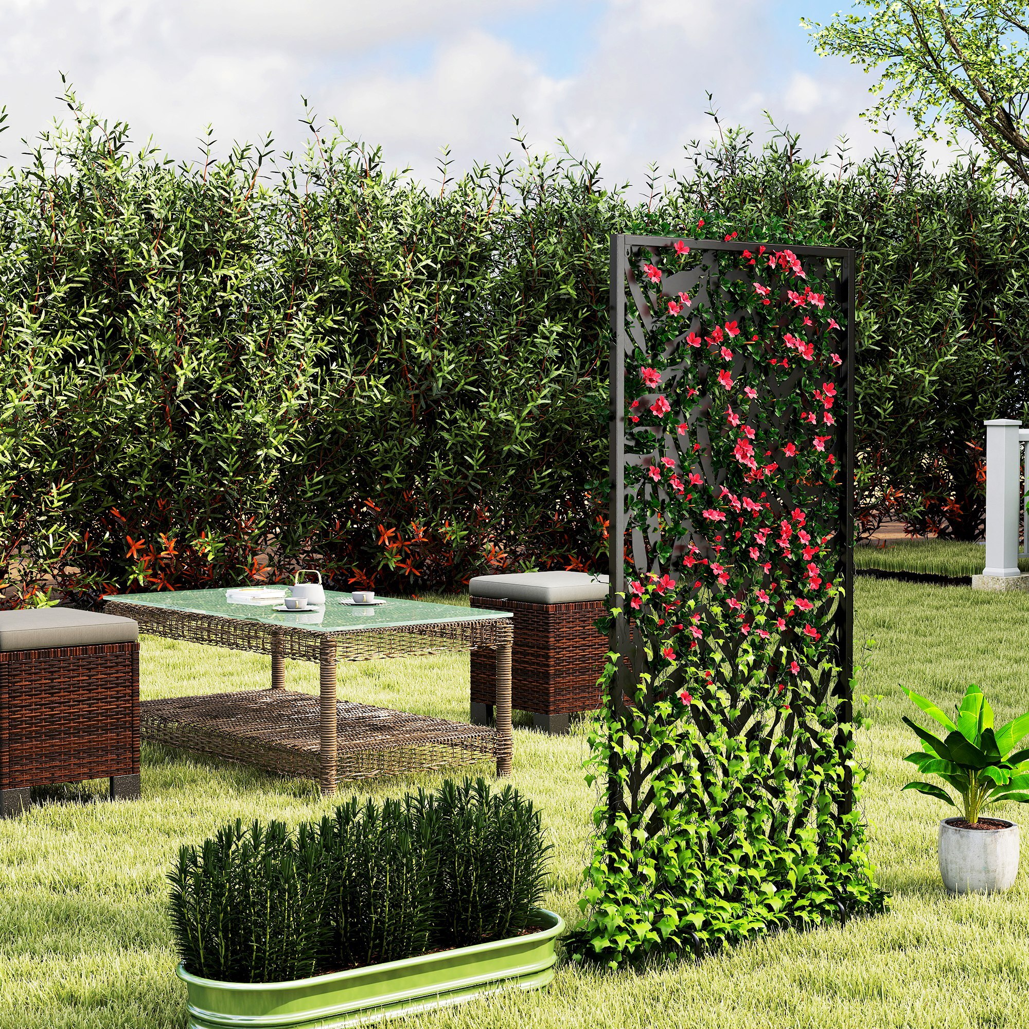 Panneau brise vue décoratif paravent extérieur motif végétal 65 x 130 cm métal noir