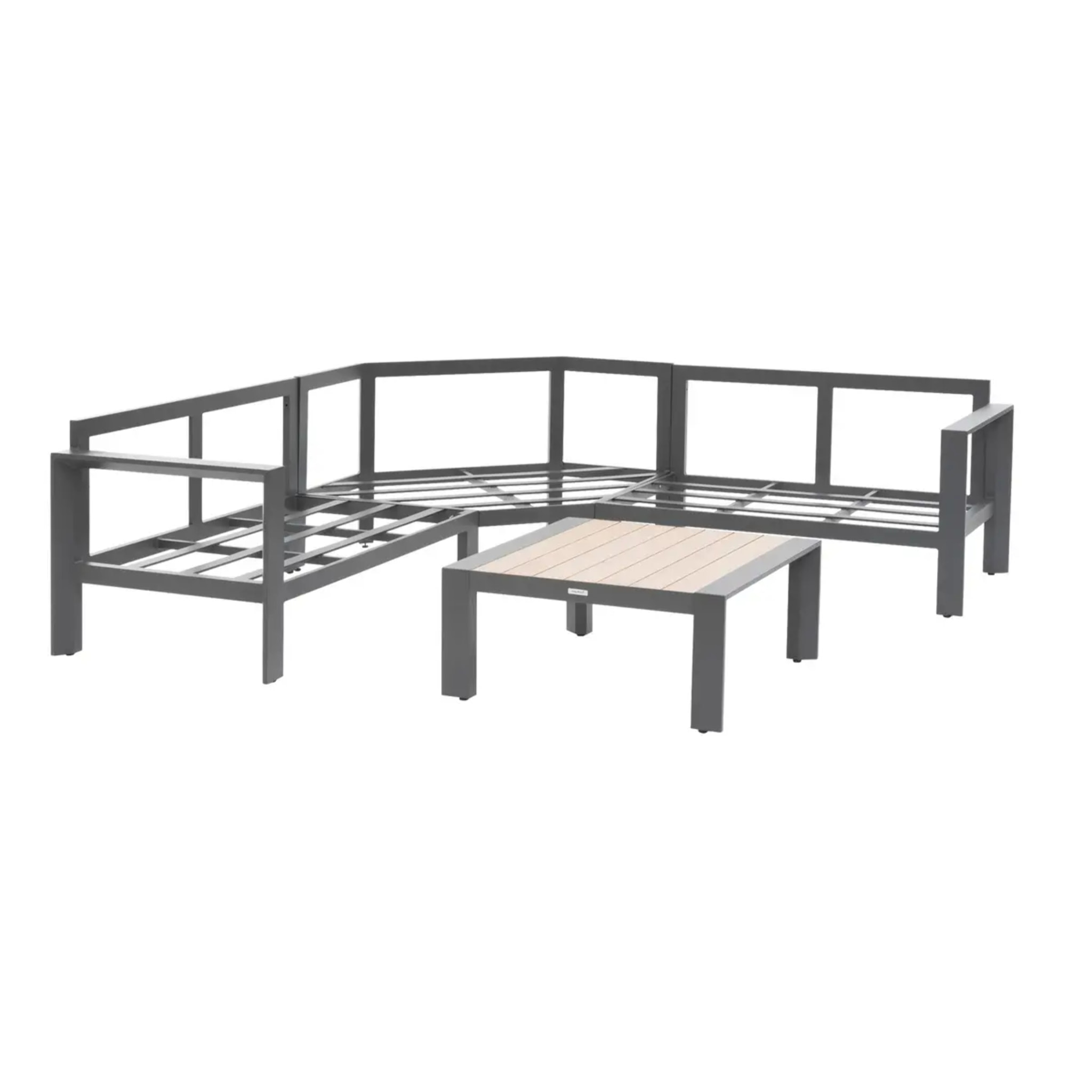 Salon d'angle de jardin "Évasion" graphite & honey 5 places en oléfine et aluminium