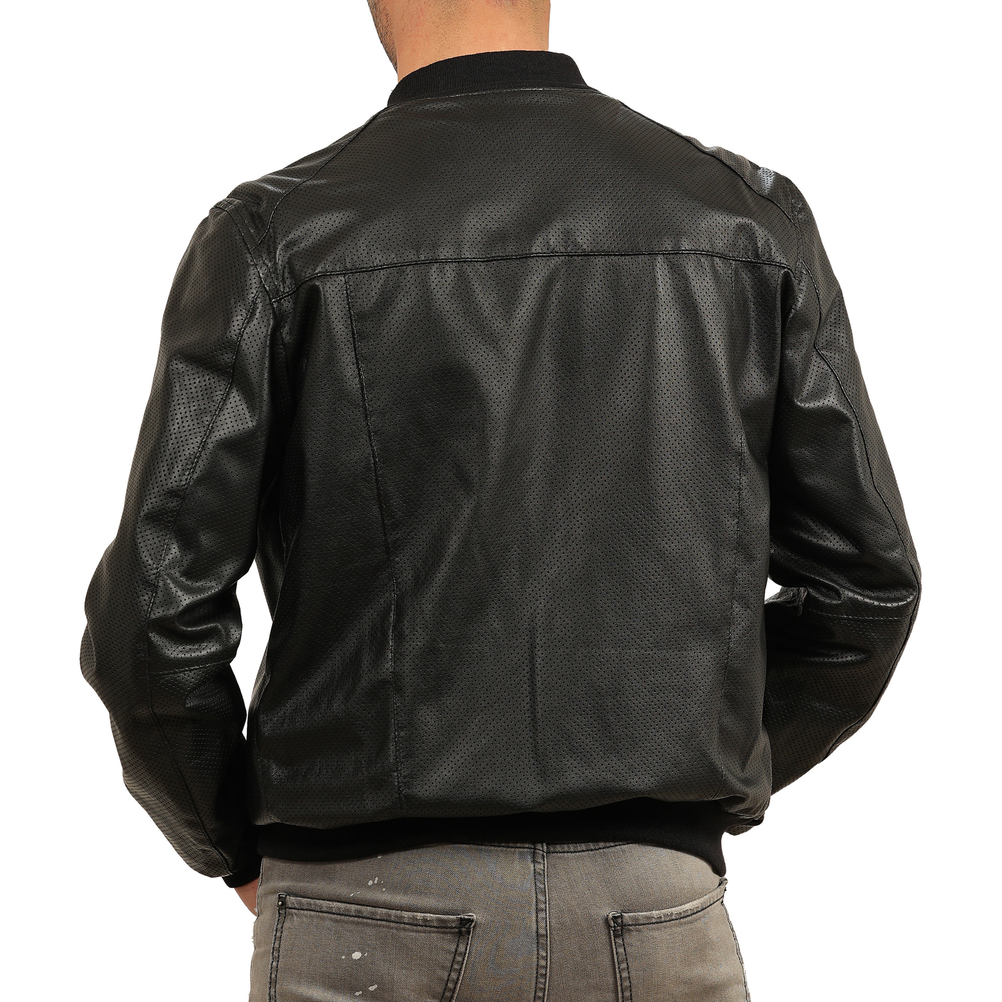 Bomber in pelle di vitello traforato Nero-Slim Fit