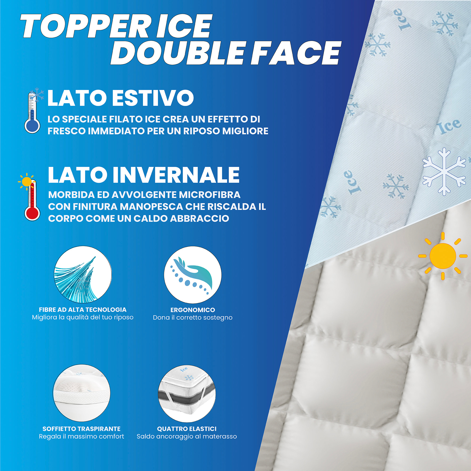 TOPPER ICE REFRIGERANTE/RISCALDANTE CON ELASTICI, SOFFIETTO 3 CM, PIAZZA E MEZZA 120x195 cm