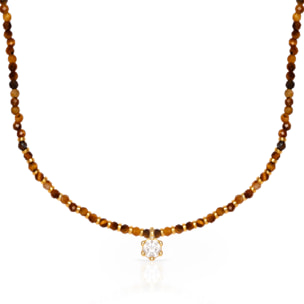 Collar de cuentas de ojo de tigre con colgante de corona de circón, detalles en plata de ley 925 y cierre de resorte.