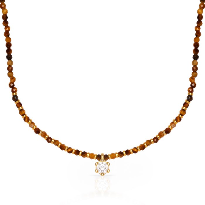 Collar de cuentas de ojo de tigre con colgante de corona de circón, detalles en plata de ley 925 y cierre de resorte.