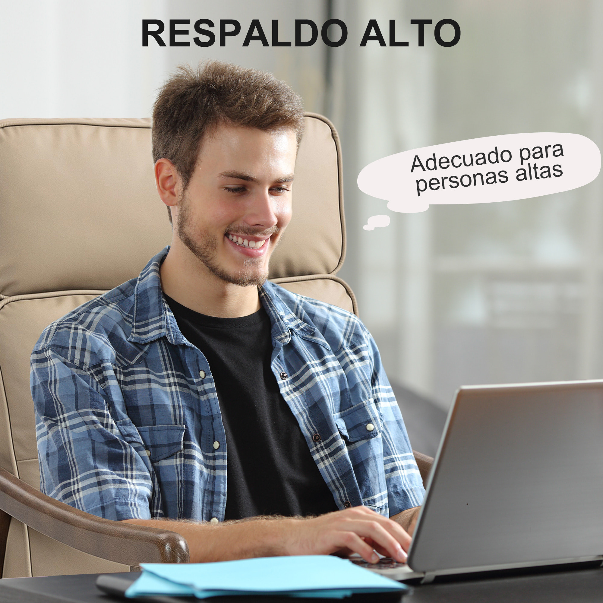 Butaca de Salón Sillón de Salón Tapizado en PU con Marco de Madera Cojines Acolchados Gruesos Respaldo Alto Carga 150 kg Sillón Lectura para Sala de Estar Dormitorio Caqui y Madera Nogal