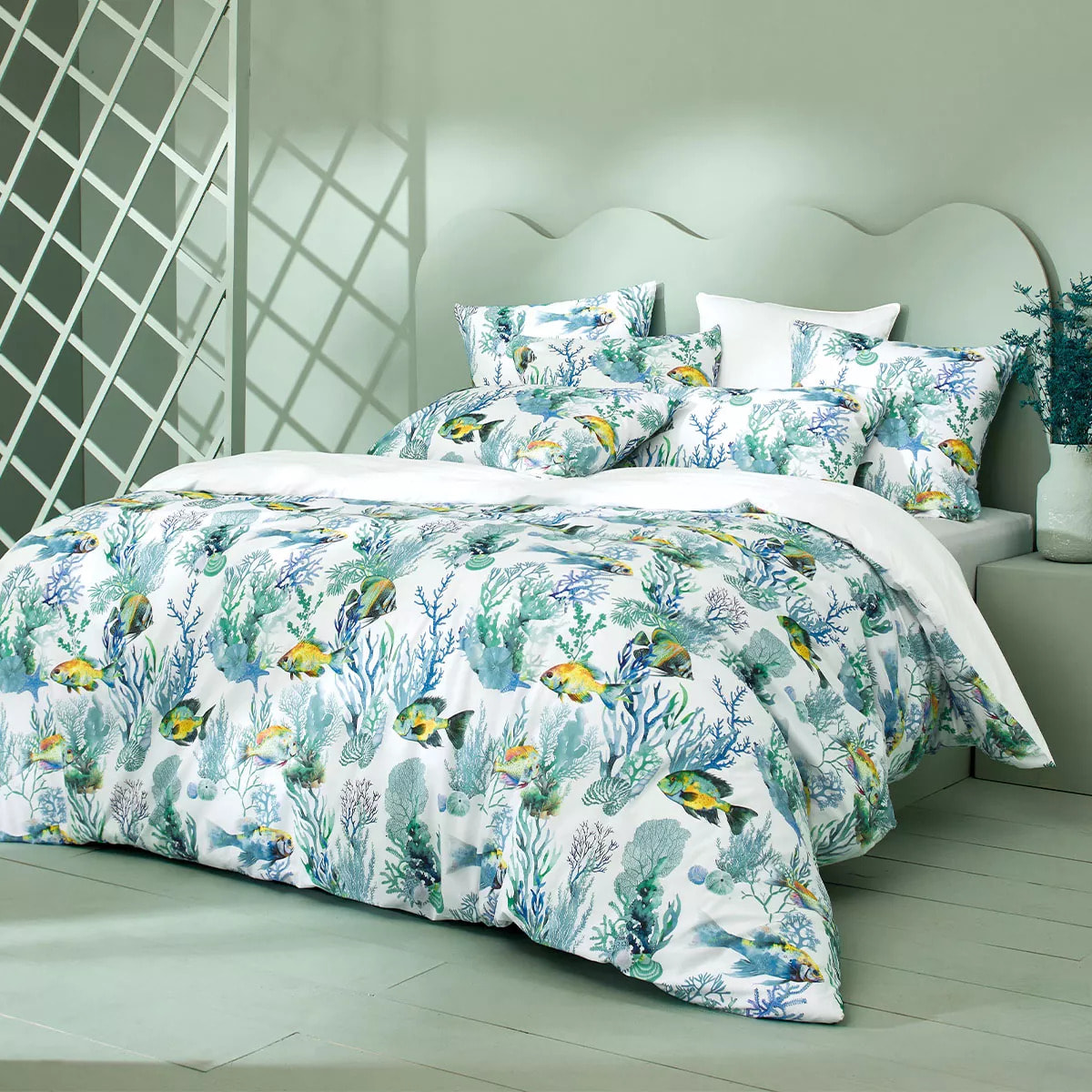 Lot de 2 taies percale de coton imprimé bleu blanc Naia blanc