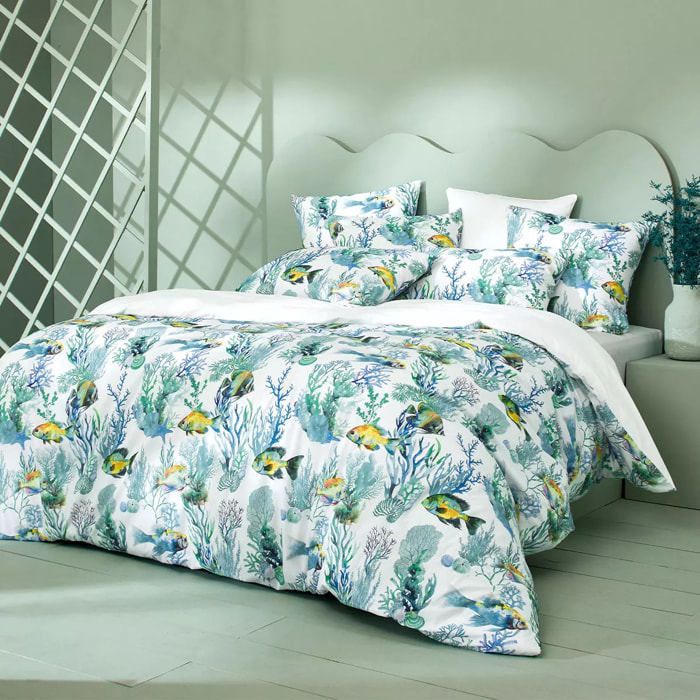 Lot de 2 taies percale de coton imprimé blanc bleu Naia blanc