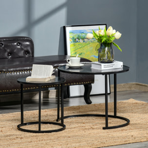 Lot de 2 tables basses rondes gigognes empilables métal noir aspect marbre noir