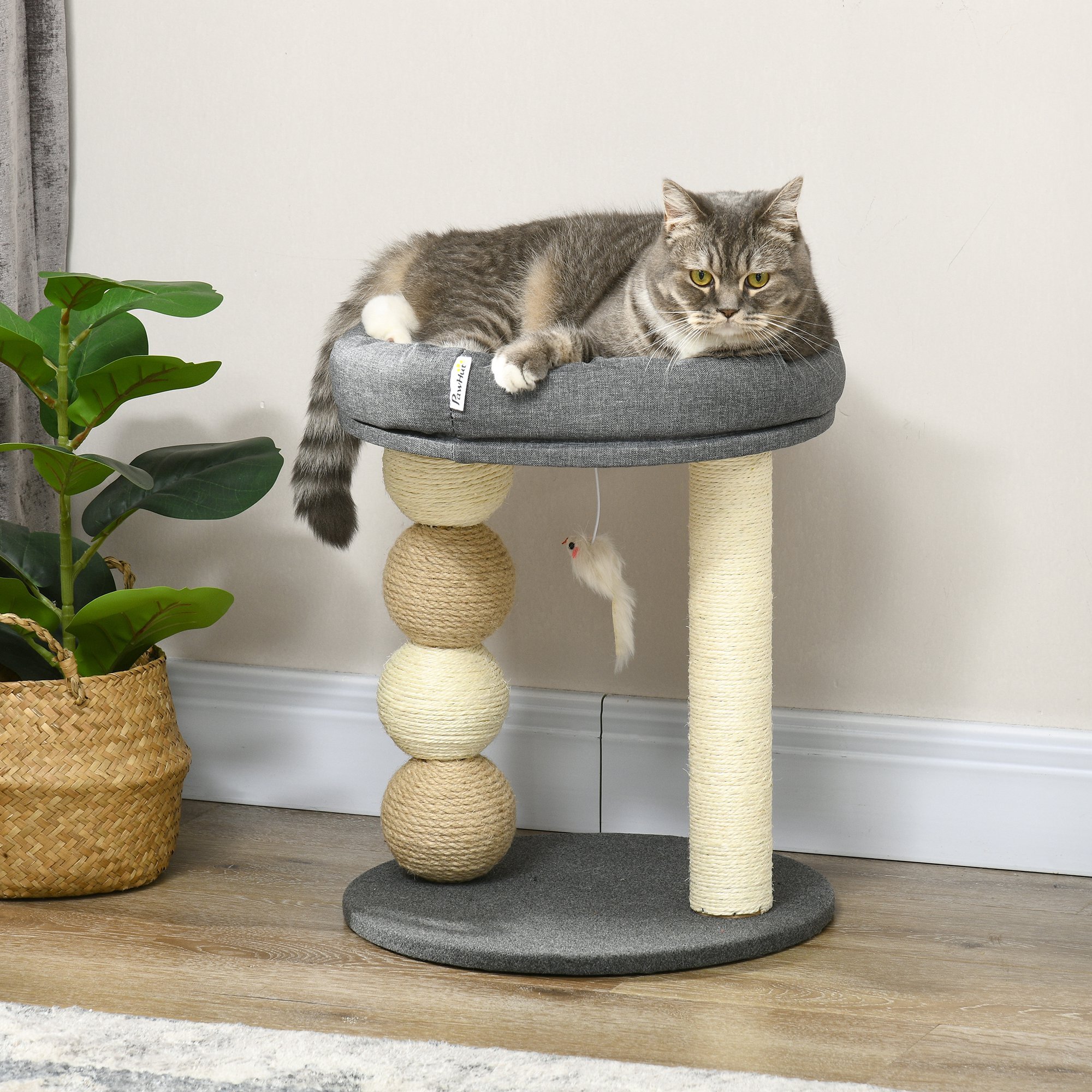 Árbol Rascador para Gatos Pequeño Torre para Gatos Centro de Actividades para Gatitos con Nido 4 Bolas y Poste de Sisal Carga 15 kg Ø40x48 cm Gris y Beige