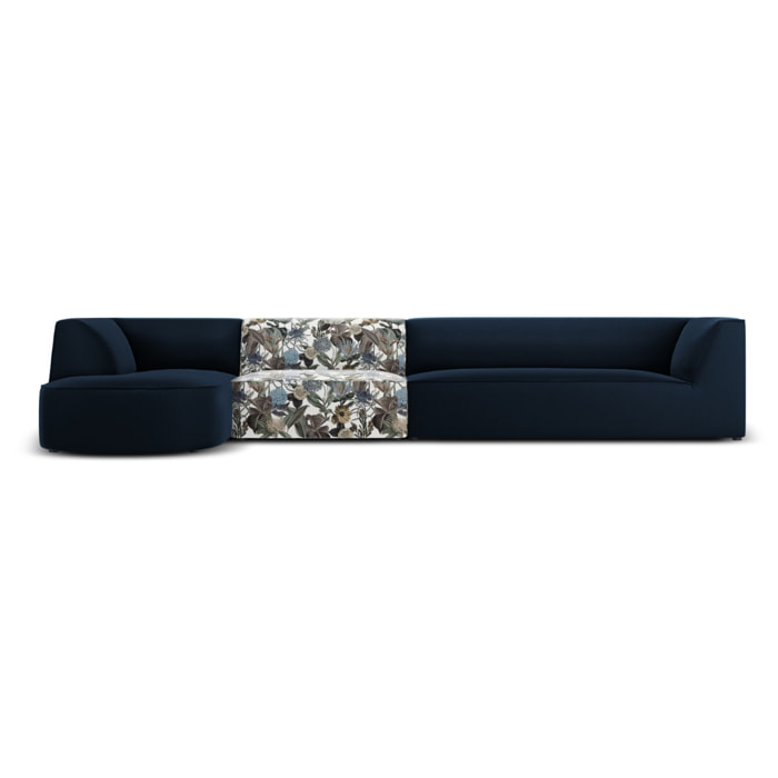 Canapé d'angle gauche "Charles" 5 places en velours motif de jardin bleu clair,bleu foncé