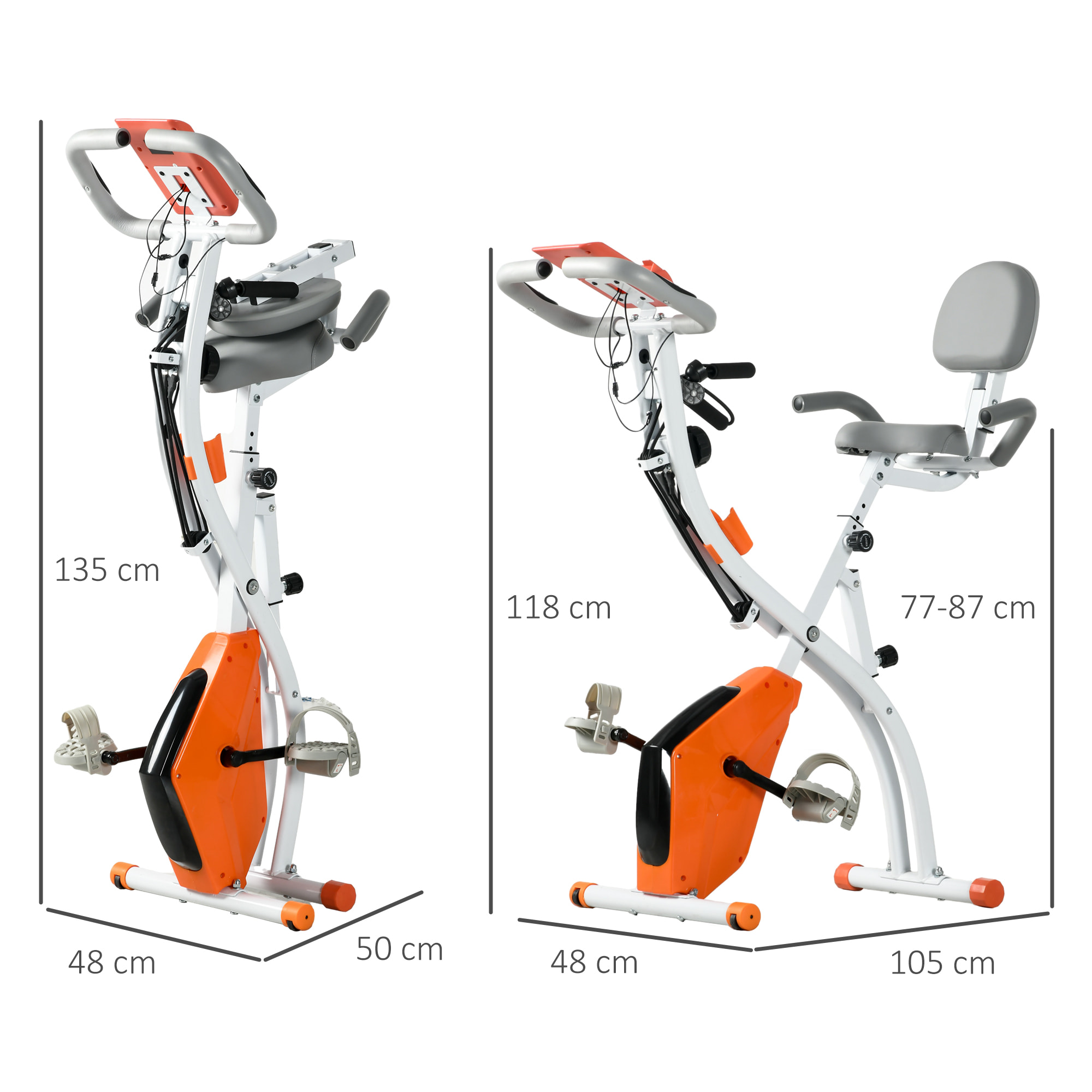 Bicicleta Estatica Plegable 3 en 1 con Respaldo y 8 Niveles Resistencia Magnética Bicicleta Estatica en Casa Ajustable con Monitor LCD Volante Banda Sensor de Pulso Soporte de Teléfono Naranja