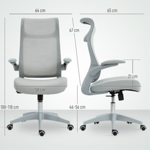 Silla de Oficina Ergonómica Giratoria, con Soporte Lumbar y Reposabrazos 3D Abatibles, Silla de Escritorio de Malla con Reposacabezas Integrado, Función Basculante, Altura Ajustable, Gris