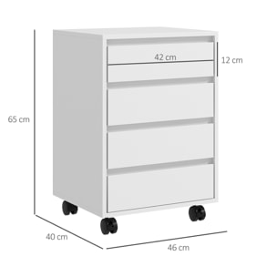 Cajonera de Oficina con 4 Cajones Cajonera de Escritorio con Ruedas Archivador Móvil para Estudio 46x40x65 cm Blanco