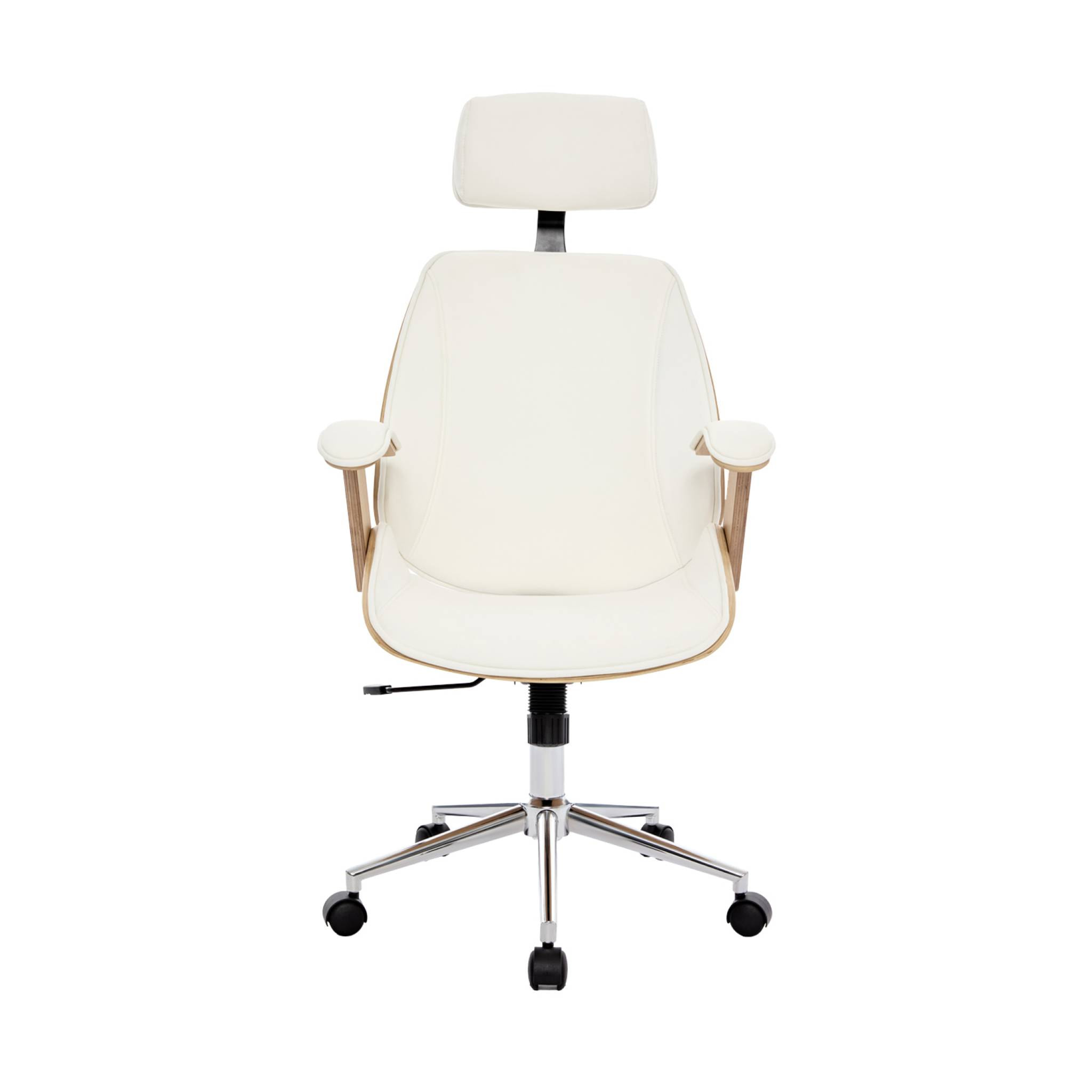 Chaise de bureau à roulettes décor bois courbé placage effet chêne et simili cuir blanc