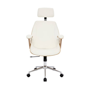 Chaise de bureau à roulettes décor bois courbé placage effet chêne et simili cuir blanc