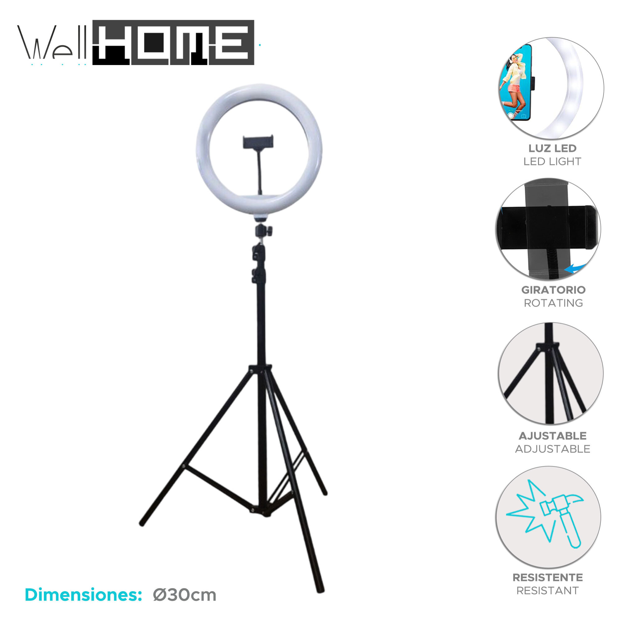 Well home anillo de luz selfie ø30cm con 120leds y 3 colores de luz