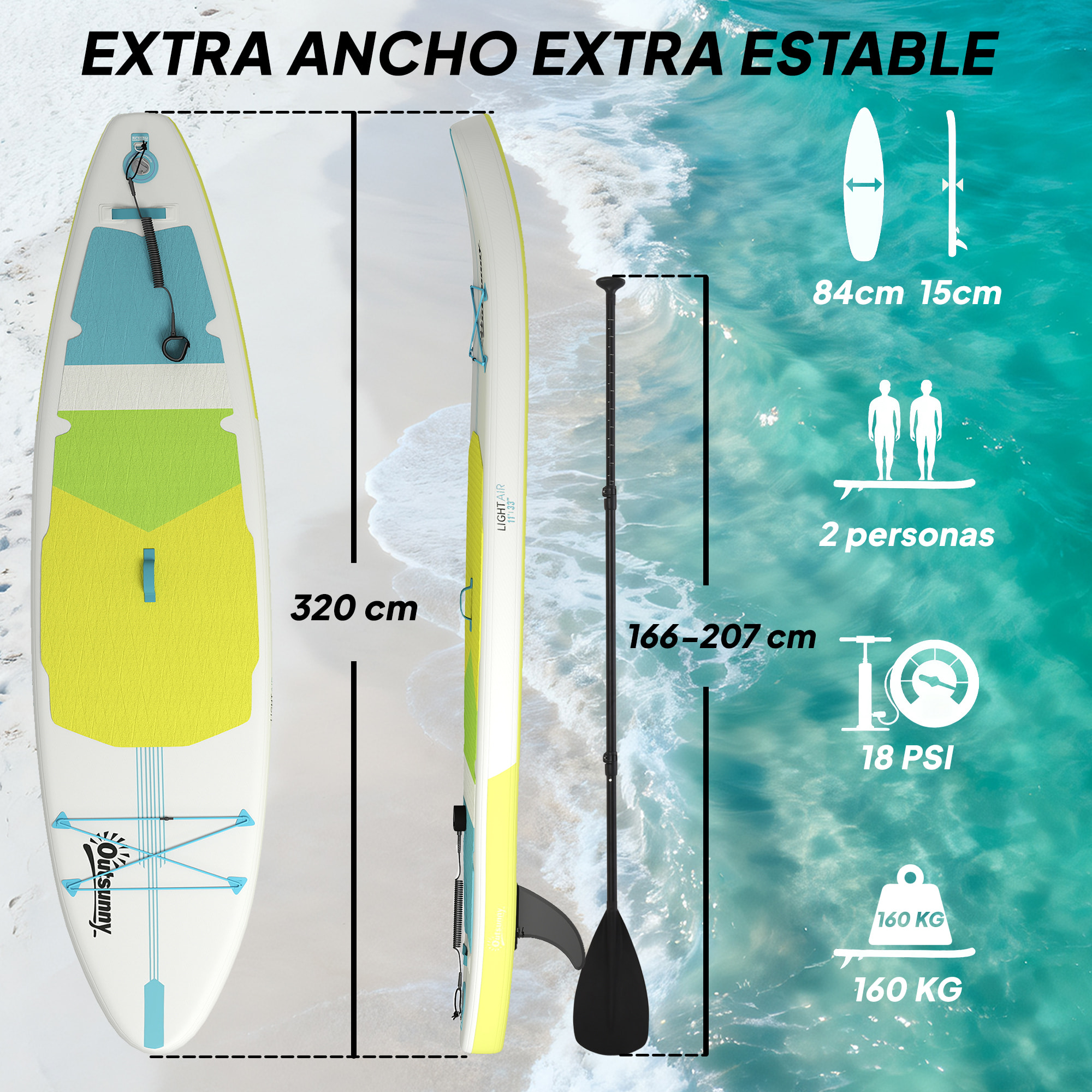 Tabla Paddle Surf Hinchable con Accesorios, 320 cm, Remo de Aluminio Ajustable, Quilla, Stand Up Paddle Board con Superficie Antideslizante de EVA, Bomba y Mochila, Carga 160 kg, para Adultos