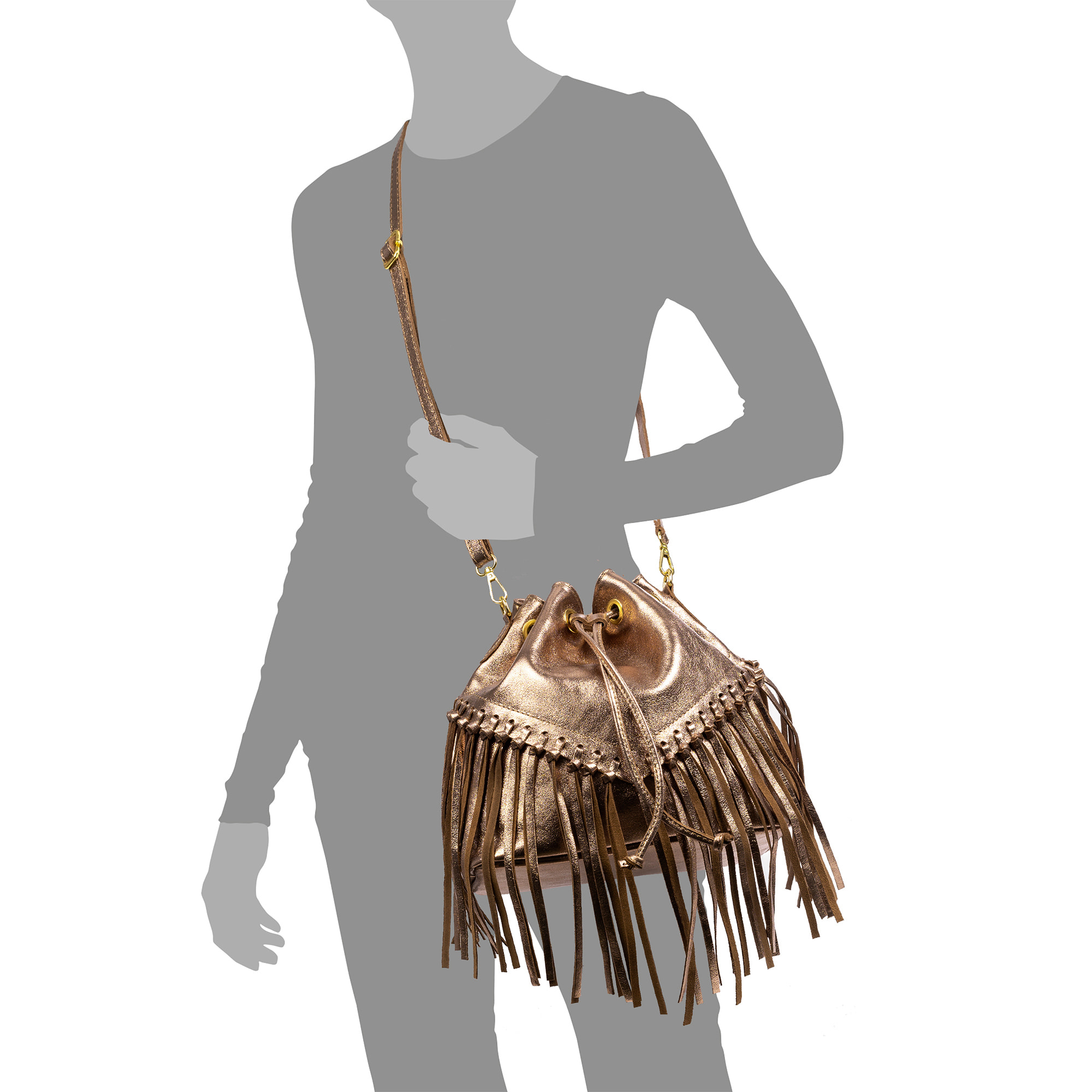 Arzana borsa a tracolla in vera pelle scamosciata laminata. Design esclusivo plissettato e con frange.