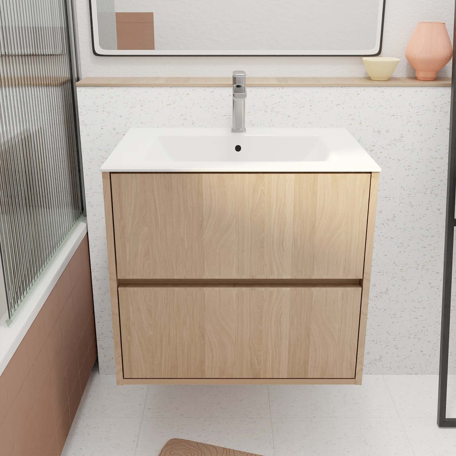 Pack Meuble Salle de Bains 60 cm Chêne Clair, 2 tiroirs avec Vasque Céramique - XENOS