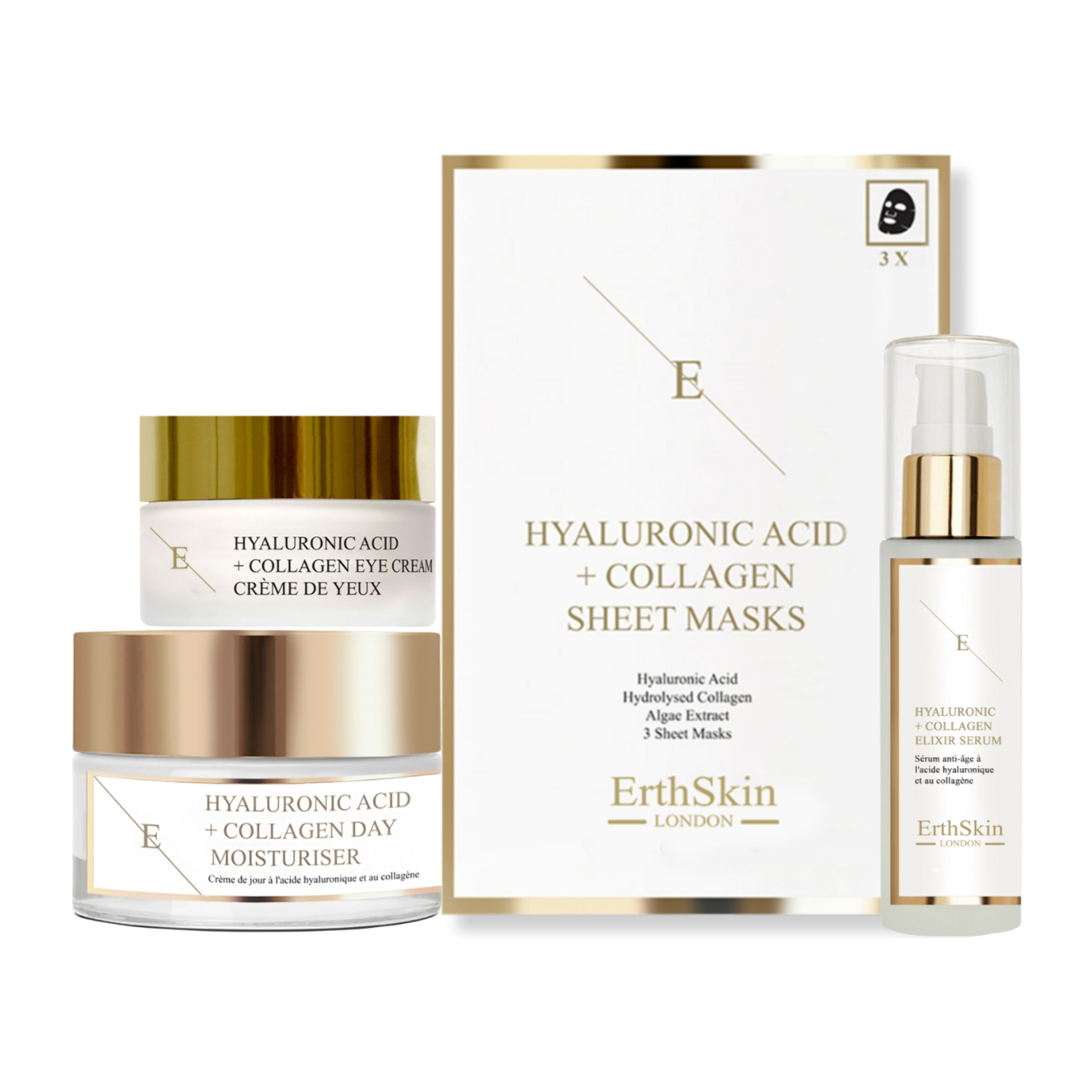 Ácido Hialurónico y Colágeno Crema de Día 50ml + Ácido Hialurónico y Colágeno Serum - 60ml + Ácido Hialurónico y Colágeno Mascarilla - 3 hojas+Ácido Hialurónico y Colágeno Pro Age Contorno de Ojos 30ml