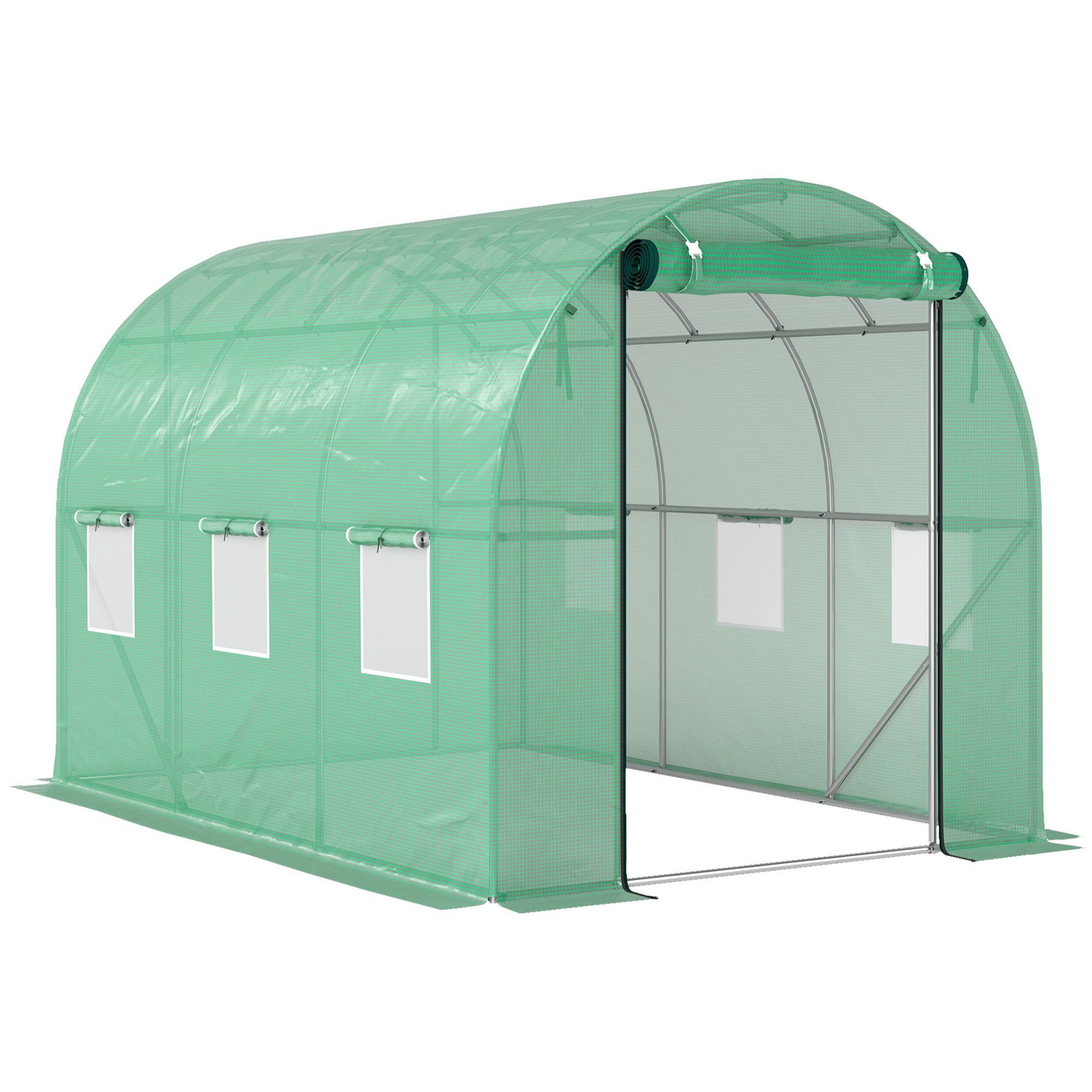 Serre de jardin 6 m² - porte zippée enroulable, 6 fenêtres - acier galvanisé PE haute densité 170 g/m² vert