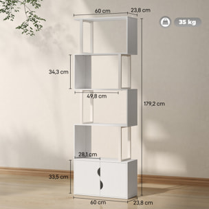 Bibliothèque design zig zag - 4 étagères, 2 portes - effet bois acier blanc