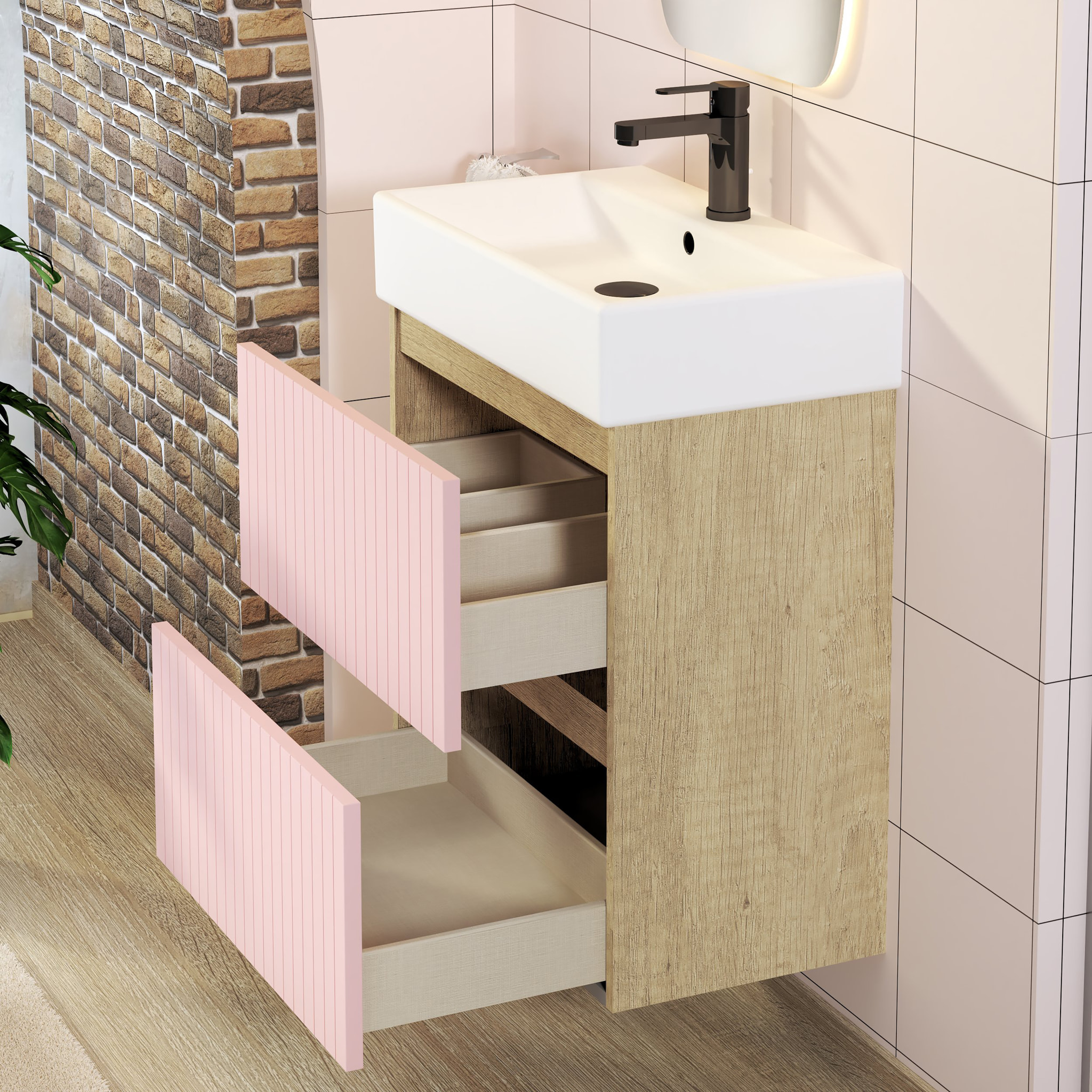 Conjunto de Baño Zel | Mueble Suspendido | 60 cm Rosa | Dos Cajones | Lavabo Encastrado | No incluye Espejo | Mueble Montado| Alday