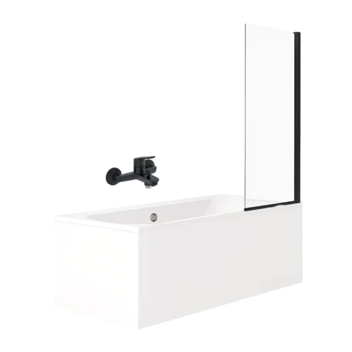 Pack baignoire droite 180 x 80 Elise + tablier angle + mitigeur bain Aimé noir + pare bain noir + vidage