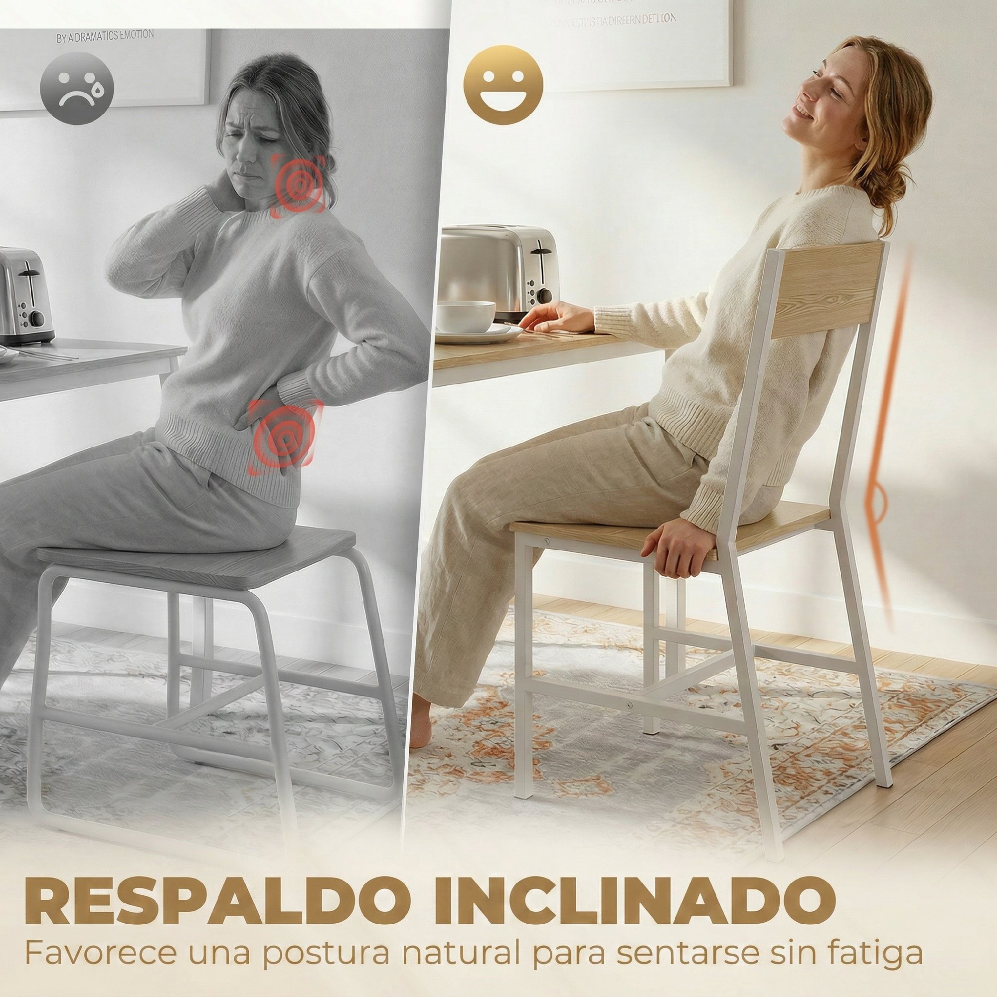 Pack de 2 Sillas de Comedor, Sillas de Cocina Modernas, con Respaldo Inclinado, Marco Metálico, para Salón, Sala de Estar, Natural