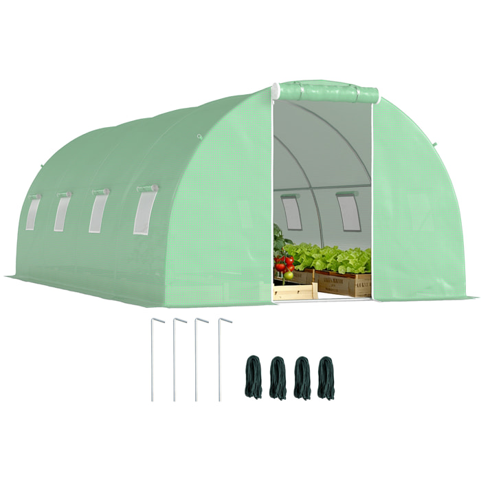 Invernadero de Exterior 6x3x2 m, Invernadero de Túnel con Puerta Enrollable, 8 Ventanas de Malla, Cubierta PE 140g/m² y Marco de Acero Galvanizado, Anti-UV, Impermeable, para Cultivos, Verde