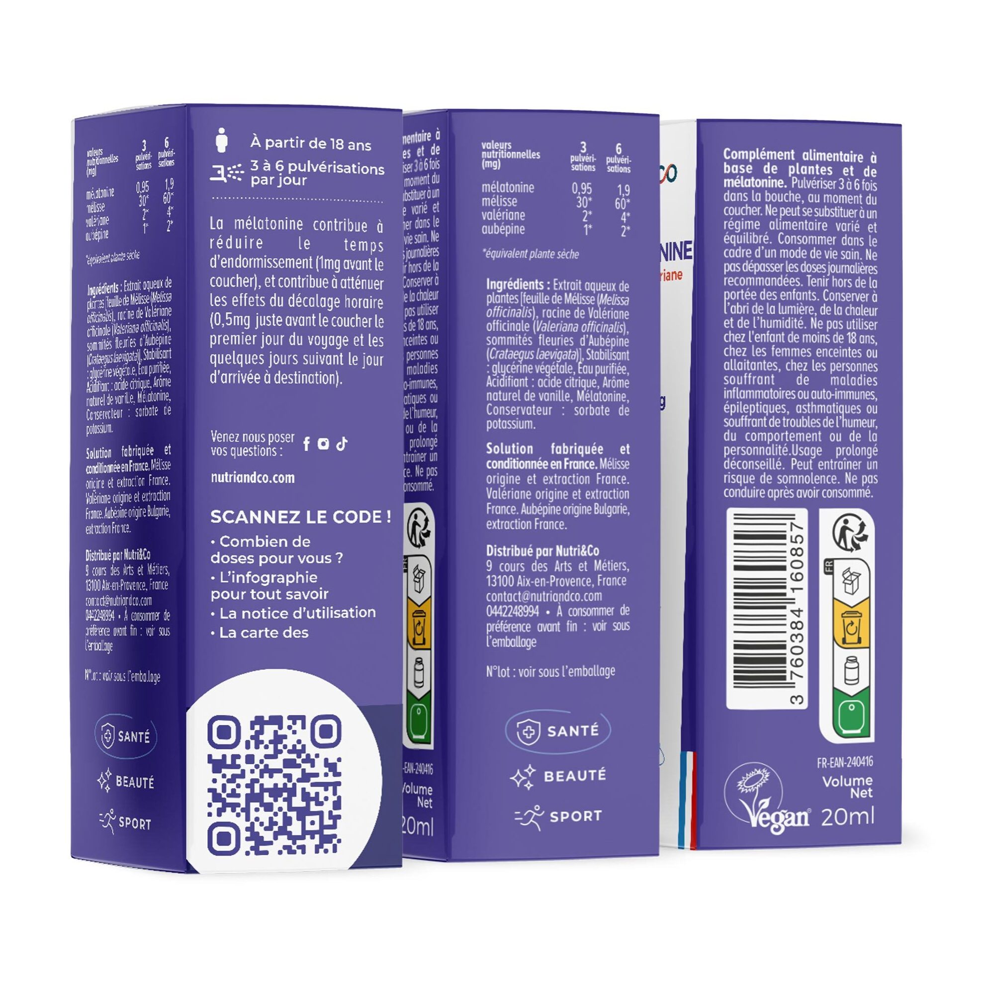 Nutri&Co Mélatonine 1,9mg avec Mélisse et Valériane Vegan - Format Spray 20mL