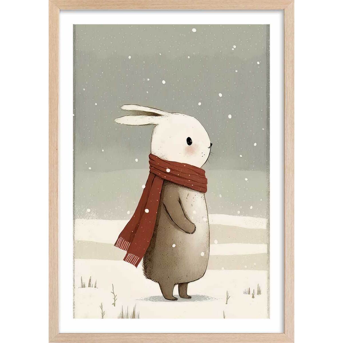 Affiche enfant lapin sous la neige  Affiche + cadre en bois - Chêne