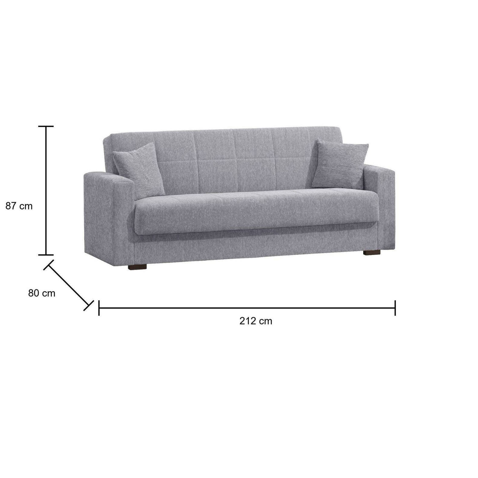 Divano letto Pinto, Divano letto contenitore lineare a 3 posti, Sofà da soggiorno in tessuto imbottito con apertura click-clack, Cm 212x80h87, Grigio