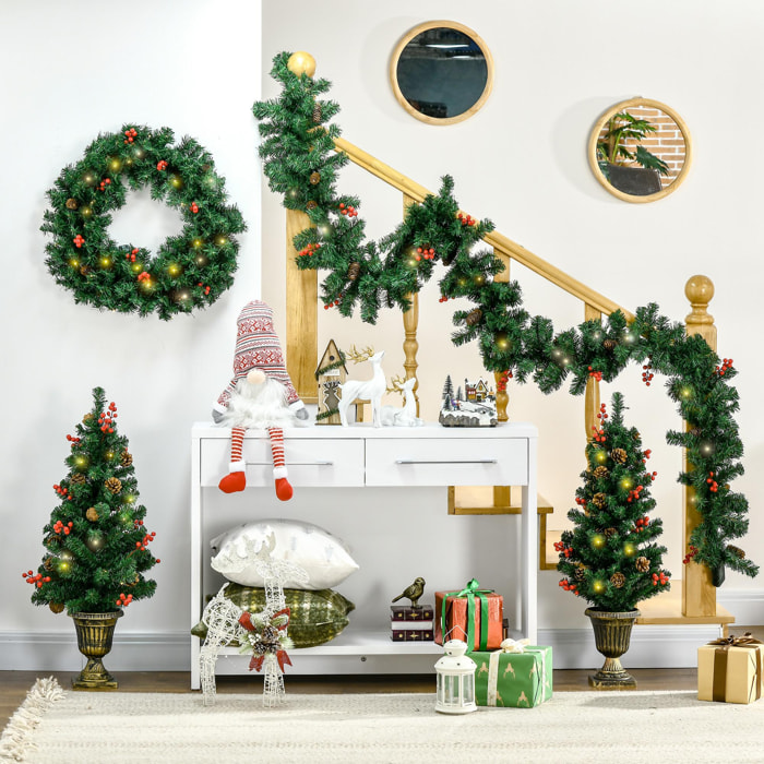 Lot de 4 pièces - décorations de Noël lumineuses LED - couronne, guirlande, 2 sapins avec pots et accessoires - vert