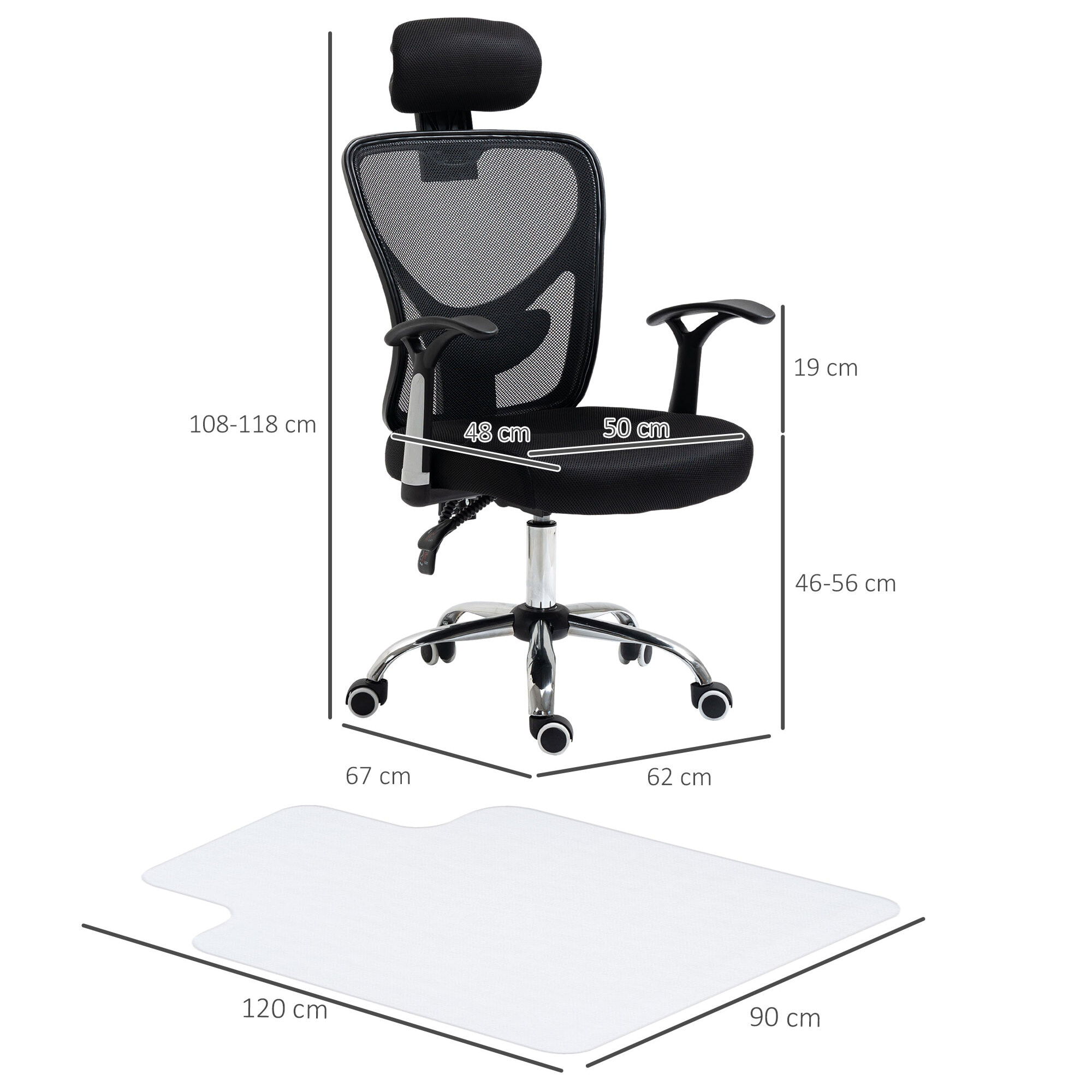 Conjunto de Oficina Incluye 1 Silla de Oficina Reclinable con Altura Ajustable 62x67x108-118 cm y 1 Alfombra Protectora de Suelo 90x120 cm Negro y Transparente