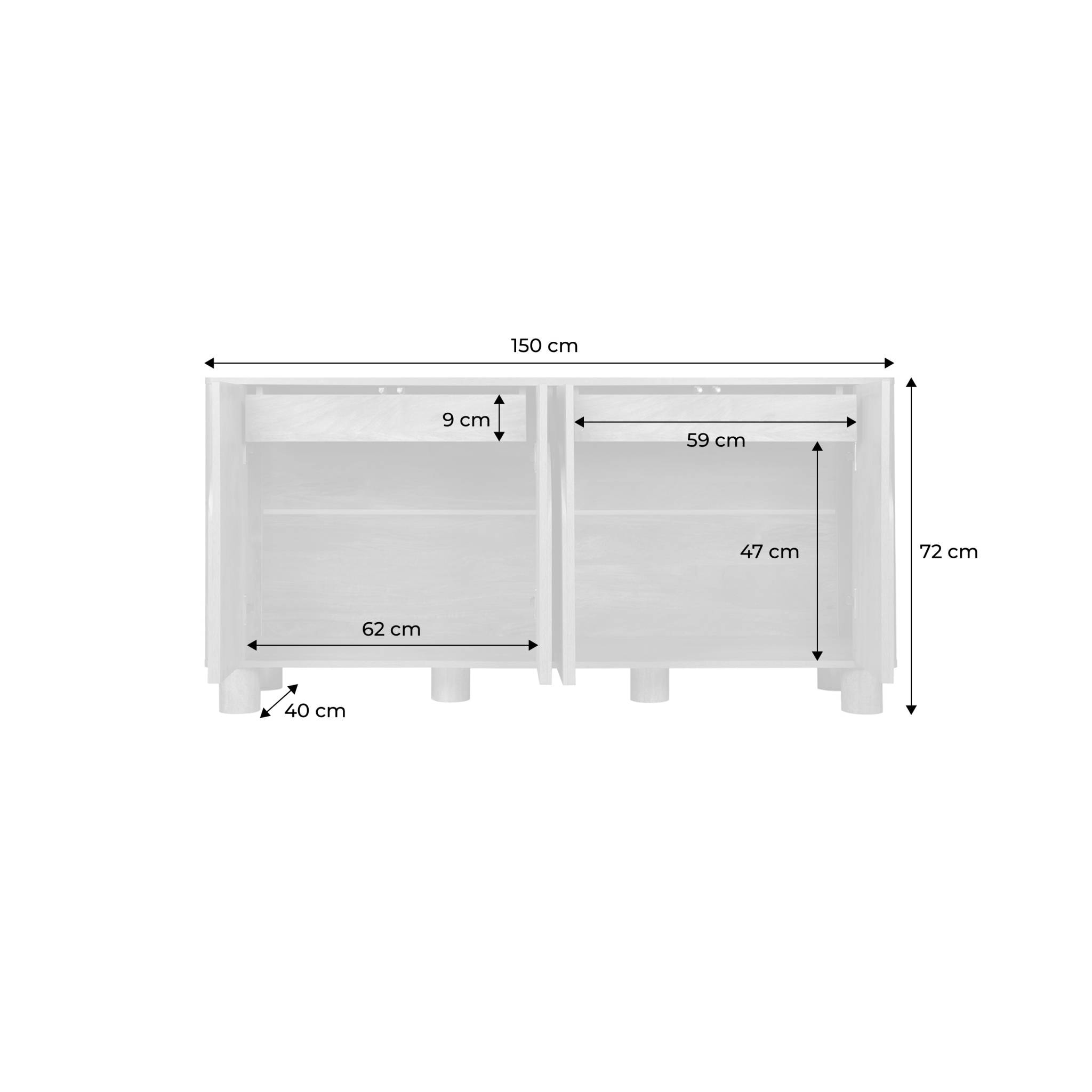 Buffet exotique bois MDF. buffet bas. 4 portes. 2 espaces de rangement et 2 tiroirs intérieurs. L 150 cm