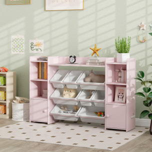Bibliothèque enfant - rangement à bacs posés x 8 - 4 niches, 3 étagères, 2 portes - rose
