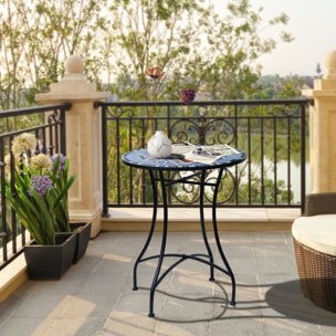 Mesa de Jardín Redonda Mesa de Terraza Exterior Ø60x71 cm con Encimera de Mosaico Decorativo Carga 100 kg Mesa para Exterior Patio Azul y Blanco